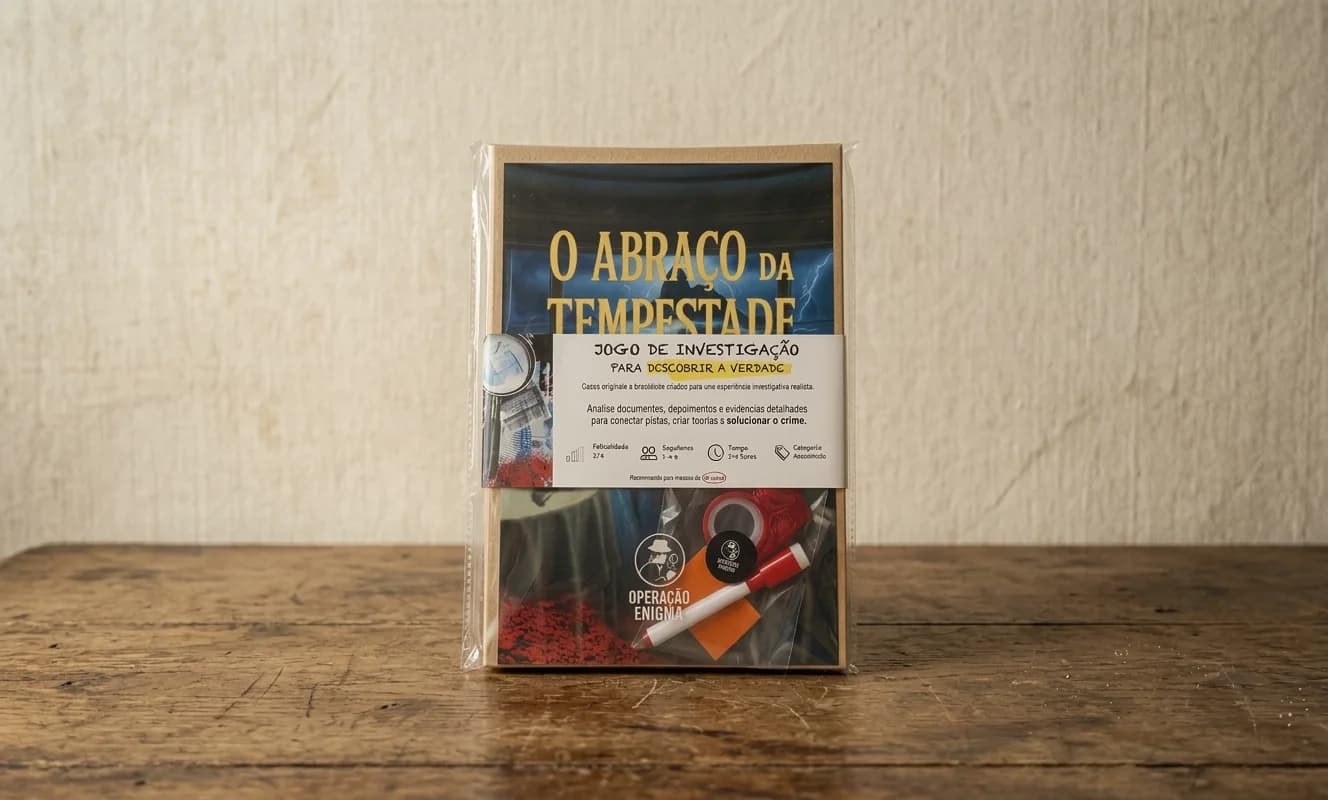 O dossiê de O Abraço da Tempestade, embalado no plástico com a cinta, com o Kit do Agente à vista.