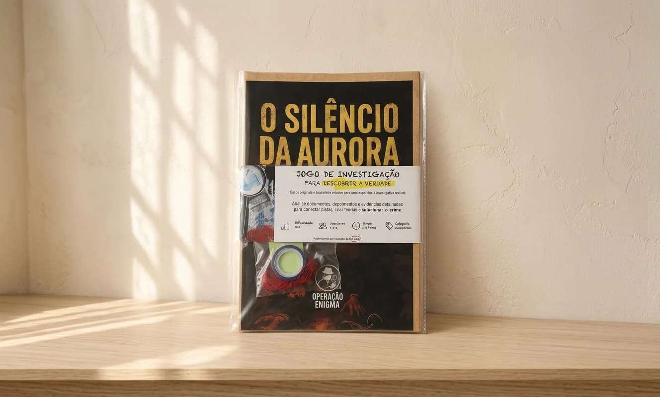O dossiê de O Silêncio da Aurora, embalado no plástico com a cinta, com o Kit do Agente à vista.