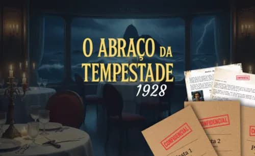 Arte de capa do dossiê O Abraço da Tempestade, com as pastas confidenciais do caso em primeiro plano.