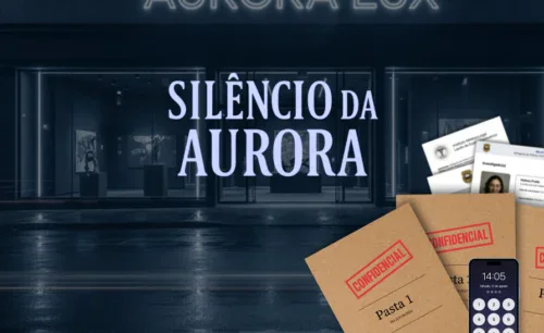 Arte de capa do dossiê O Silêncio da Aurora, com as pastas confidenciais do caso em primeiro plano.