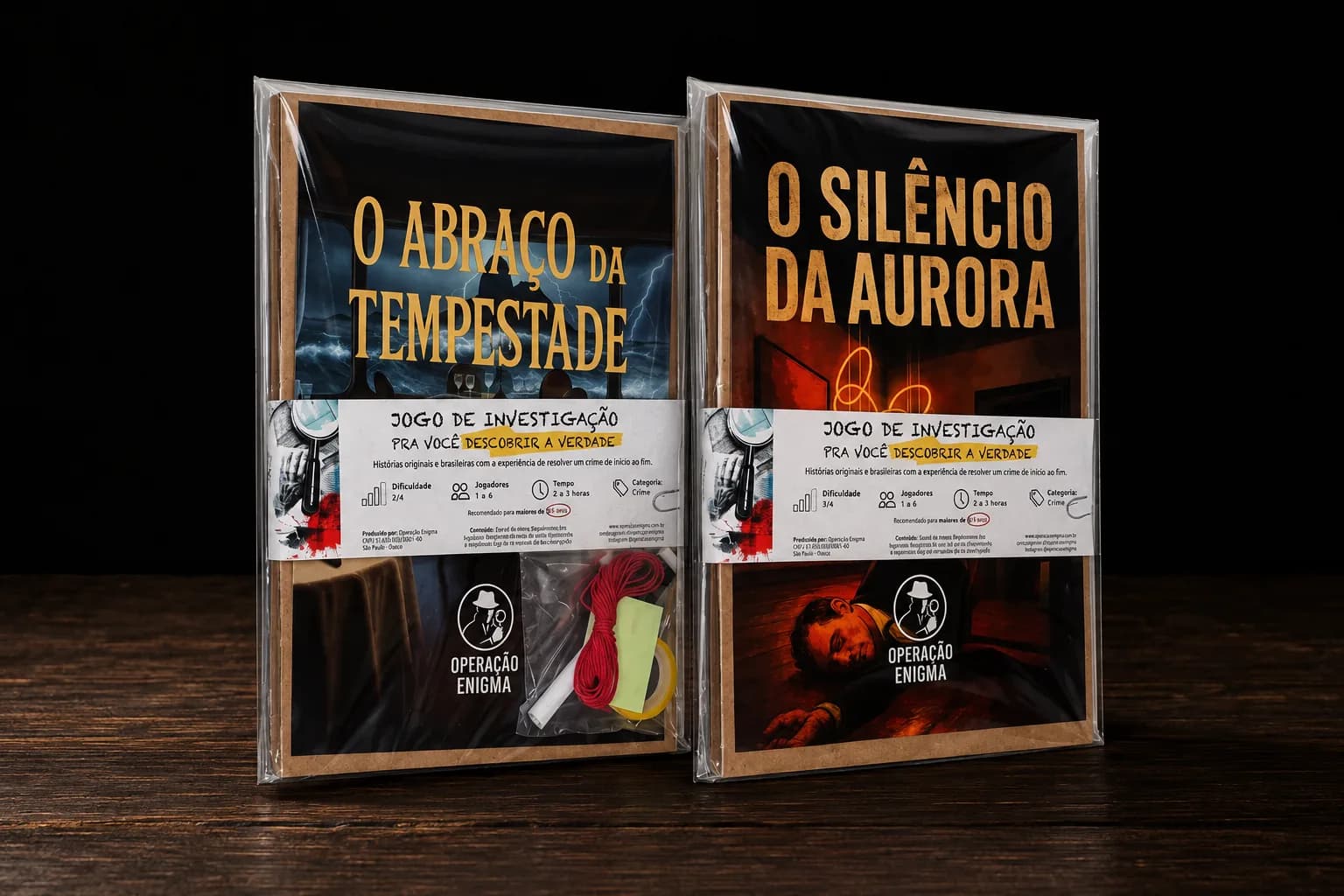 Os dois dossiês abertos sobre a mesa: as capas de O Silêncio da Aurora e O Abraço da Tempestade, seis pastas confidenciais e os boletins de ocorrência.