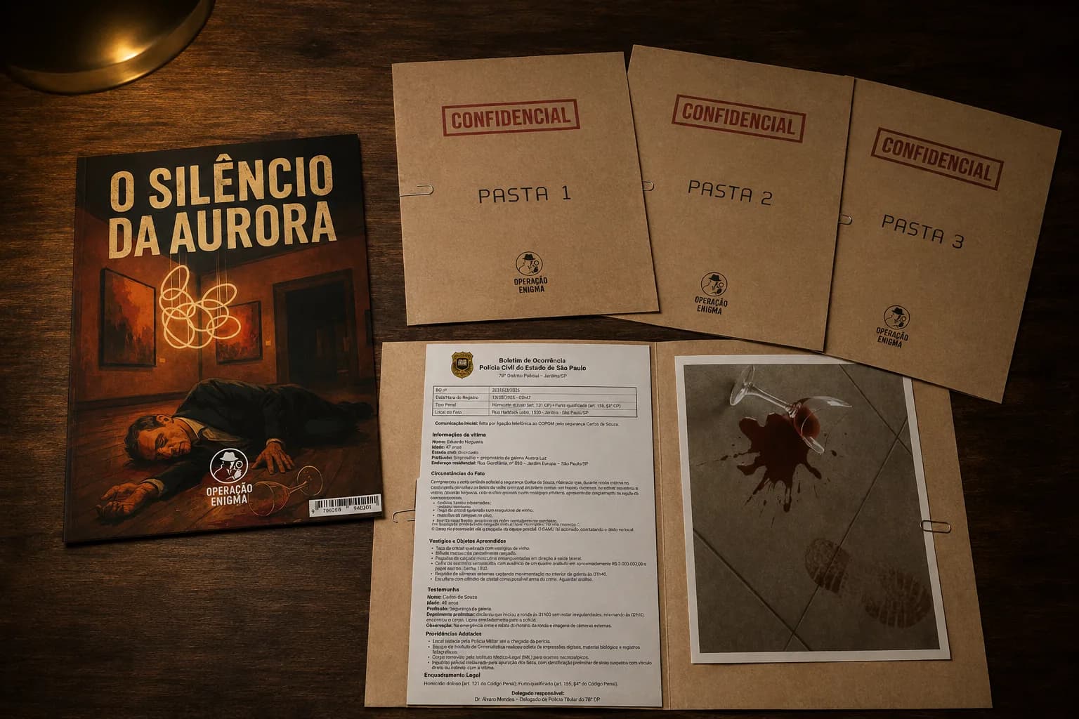 Os materiais de O Silêncio da Aurora sobre a mesa: a capa, as pastas confidenciais e os primeiros documentos.